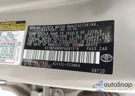 2007 Toyota Camry Le from USA, damaged, VIN 4T1BE46K87U081516